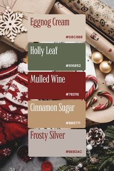 the words holly leaf, mulled wine, cinnamon sugar and frosty silver are in different colors