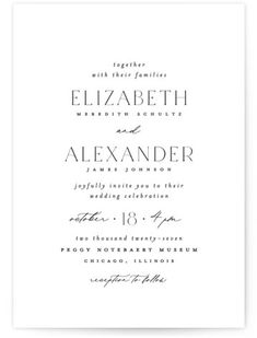 an elegant wedding card with the wording in black and white, on top of a plain