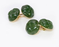 Tiffany & Co. Jade Cufflink & Shirt Stud Set.Charming vintage 1979, 18K yellow gold Tiffany & Co. carved jade cufflinks with 3 studs. Tiffany & Co. Cufflinks 1960s Tiffany & Co. Jewelry, Gold Tiffany, Vintage Tiffany, Carved Jade, Genuine Love, Gold Cufflinks, Stud Set, Jade Carving, Buy Vintage