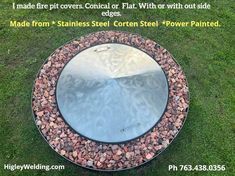 a round mirror sitting in the grass with gravel around it and text that reads i made fire pit covers contact or flat with out side edges