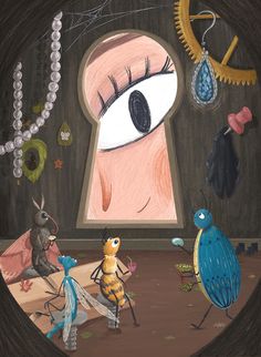 an eye looking at three bugs in front of a keyhole with beads hanging from it