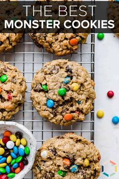 monster cookies with m & m's on top and the title overlay reads, the best monster cookies