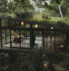 the house is surrounded by trees and has glass walls that allow natural light to enter