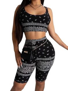 Wrap Printed Exposed Navel Tank&Shorts Yoga Suits - rrdeye Black Gym Sets For Summer, Sporty Black Sleeveless Sets, Black Sleeveless Sporty Sets, Black Tight-fitting Short Crop Top, Black Fitted Short Crop Top, Trendy Black Summer Activewear, Fitted Sportswear Sets For Summer, Black Workout Set For Summer, Black Workout Sets For Summer