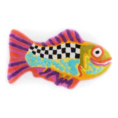 a colorful fish with black and white checkerboard on it's back side