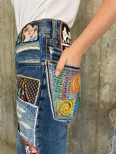 "Ready to send:size- 28 unique vintage jeans one of a kind.. hand made embroidery and unique patches. ---Or---- Made to order, in any size, within 12 working days . If you need different size, please send me a message and I will make you a special and unique design within 12 working days. They are all different! No one will have the same one as you have! Hand painted, one of kind jeans. You pick your size, model (slime- boyfriend- high waist- low waist) and primer color and you will get your sin Multicolor Denim Jeans With Pockets, Multicolor Denim Patchwork Pants, Multicolor Patchwork Denim Pants, Multicolor Patchwork Denim Bottoms, Upcycled Blue Recycled Denim Jeans, Blue Upcycled Recycled Denim Jeans, Retro Denim Blue Patchwork Bottoms, Multicolor Denim Jeans For Festivals, Blue Denim Pants For Festival