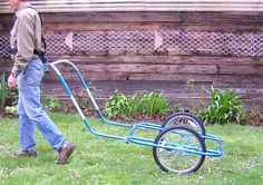 a man pulling a blue wheelbarrow in the yard