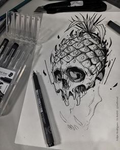 a pencil drawing of a skull with a pineapple on it's head and eyes