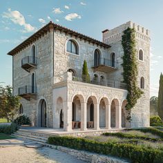 an artist's rendering of a large stone house in the middle of a garden