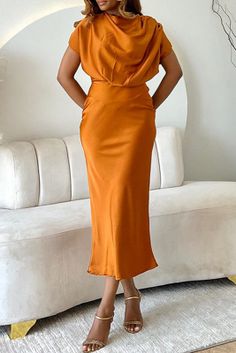 Elegant Solid Patchwork Fold O Neck Long Dress Dresses Solid Sheath Non-stretch Dress, Non-stretch Sheath Dresses, Solid Non-stretch Sheath Dress, Solid Color Sheath Dress, Elegant Solid Orange Dress, Elegant Orange Solid Color Dress, Wholesale Fashion, Dresses Online, Long Dress