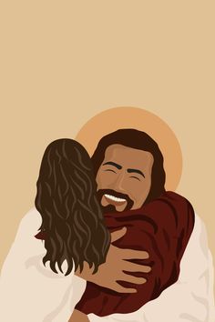 a man and woman hugging each other in front of a beige background with the image of jesus