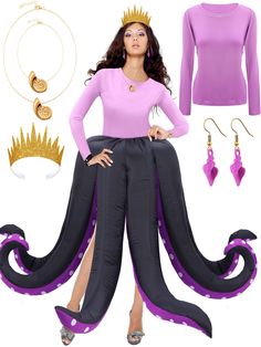 a woman in purple shirt and black pants standing next to an octopus costume with accessories