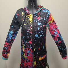 Women's Size Small Jacket (Jacket Can Be Cinched Up By Using The Side Ties) Multicolor Hoodie With Pockets For Spring, Multicolor Spring Hoodie With Pockets, Spring Multicolor Hoodie With Pockets, Multicolor Winter Hooded Jacket With Drawstring, Multicolor Long Sleeve Hooded Jacket With Pockets, Multicolor Hooded Jacket For Fall, Casual Multicolor Hooded Jacket For Streetwear, Trendy Multicolor Hooded Windbreaker, Multicolor Hooded Hoodie With Pockets