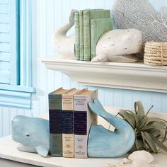 two books are sitting on a shelf next to a dolphin statue and some sea shells