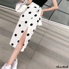 Olivia Mark - Vintage Polka Dot High-Waisted Midi Skirt Set with Contrasting Sleeve Slim Fit Blouse Midi Skirt Set, Princess Sleeves, Skirts Midi High Waisted, Split Skirt, Fitted Blouses, Skirt Set, Midi Skirt, Polka Dot, Types Of Sleeves