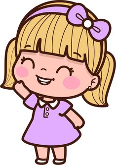 a cartoon girl with blonde hair wearing a purple dress and holding her hand up to her ear