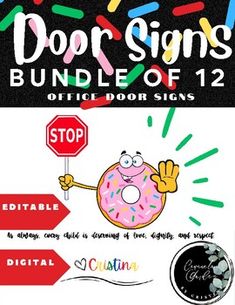 a sign that says door signs bundle of 12 with donuts on it and an image of