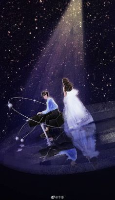 a man and woman sitting on a bench in front of a star filled sky