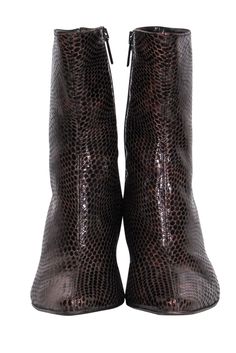 Step out in a fun sleek boot by Aquatalia! Made with a sleek reptile embossed design and trendy calf-high style. Style with distressed jeans and a chunky sweater for a day trip to the city or wear with your favorite slip dress and leather jacket for a night out! Size 9.5 Made in Italy Patent leather upper w/ crocodile embossed design Side zipper closure on both sides Calf high shaft Leather sole and footbed w/ very minor wear Shaft 5" Heel 3” Fitted Crocodile Pattern Boots For Fall, Chic Crocodile Pattern Boots For Fall, Fall Crocodile Pattern Boots With Pointed Toe, Winter Leather Boots With Crocodile Pattern, Chic Winter Boots With Crocodile Pattern, Brown Crocodile Pattern Boots For Fall, Fitted Leather Boots With Snake Print, Leather Heeled Boots With Snake Print For Fall, Fitted Leather Snake Print Boots