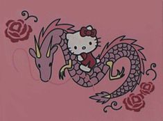 the hello kitty dragon is sitting on top of a pink wall with roses around it