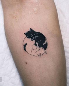 a black and white cat sitting on the back of a person's leg with a crescent