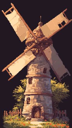 a painting of a windmill in the middle of a field with flowers and trees around it