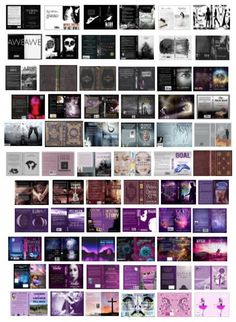 a collage of various images with different colors and shapes on them, all in purple