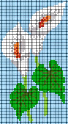 two white flowers with green leaves on a blue background cross - stitch pattern in the style of pixelism