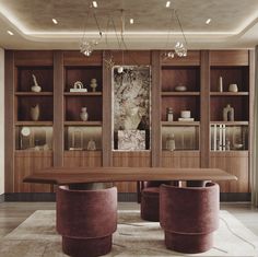 an elegant dining room with wooden shelves and marble flooring, along with two round stools