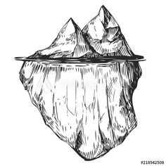 an iceberg floating on water with mountains in the background, hand drawn doodle style