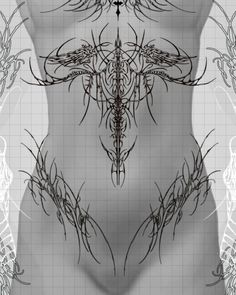 an abstract image of a woman's torso with intricate designs on the chest and back