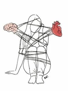 a drawing of a human being tied up to another person's head and heart