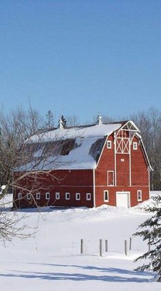 a red barn in the middle of winter with snow on the ground and trees around it