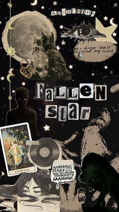 the cover art for fallen star, featuring an image of a wolf and other items