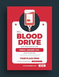 the blood drive flyer is shown in red and white, with an image of a blood bag