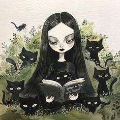 a painting of a girl reading a book surrounded by black cats