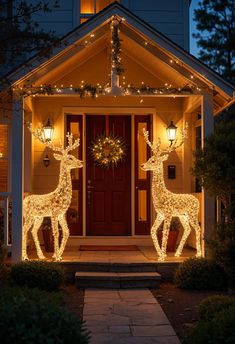 two lighted deers in front of a house with lights on it's doors