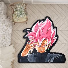 a bedroom with a bed and a rug on the floor that has an image of gohan