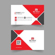 two business cards with red and black accents