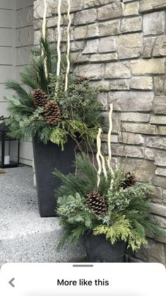 two large planters with pine cones and greenery