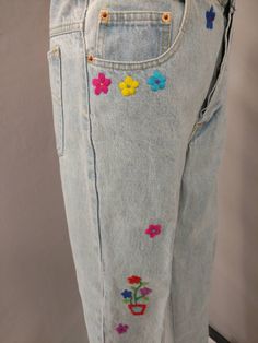 "Wonderful embroidered detail on these Magic Swan jeans. Button front fly 100% cotton, made in USA. Size says 11/12 but please go by measurements - convo me if I've missed something you need. No alterations have been done. Please see the close-up pics for holes as found (all natural). Waist 32\" Hips 47\" Rise 13\" Thigh circumference 24\" Inseam32\" Leg length waistband to hem 42.5\" Hem circumference 14\" wt 20 oz 2 lbs to ship" Embroider Pants, Gifted Kid, Vintage Long Dress, Stylist Outfit, Full Length Coat, Victoria Secret Pajamas, Embroidered Pants, Plaid Pajamas, Jeans Button