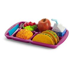 a purple tray with food and utensils in it