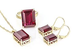 26.91ctw Rectangular Octagonal Lab Created Ruby 18k Yellow Gold Over Sterling Silver Ring, Earrings, And Pendant With 18" Singapore Chain Set. Ring Measures Approximately 0.47"L x 0.63"W. Not Sizeable. Earrings Measure Approximately 0.97"L x 0.31"W. Leverbackings. Pendant Measures Approximately 0.86"L x 0.39"W. Lobster Claw Clasp. 2" Extender. 2.5mm Bail. Formal Yellow Gold Gemstone Jewelry Sets, Formal Yellow Gold Jewelry Sets With Gemstones, Formal Hallmarked Yellow Gold Jewelry Sets, Red Lab, Set Ring, Ring Pendant, Pendant Earrings, Lobster Claw, Sterling Silver Ring