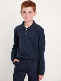 rib-knit collar long-sleeves two-button placket online exclusive cotton 97% spandex 3% Smash Board, Ian Gallagher, School Uniform Kids, Navy Uniforms, Navy Boys, Shirt For Boys, Boys School Uniform, Long Sleeve Polo Shirt, Dress For Success