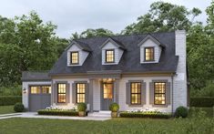 this is an artist's rendering of the front elevation of a house with windows and shutters