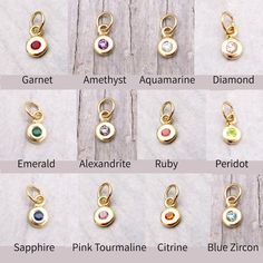 Charm: 10mm L x 5mm W Choose 14k Gold or Sterling Silver  2.5mm Round Faceted Genuine Gemstone Solid 14K Yellow Gold or Sterling Silver round charm set with a genuine gemstone. Each charm comes with a large enough jump ring  to slide over the end of most chains.  Add this sparkling gemstone charm to any necklace or bracelet to represent the birth month of someone special. This solid pendant features a flush set genuine gemstone. Birthstone prices vary depending on the cost of the stone and metal Dainty Round Birthstone Gemstones, Gold Gemstones Birthstone, Gold Round Gemstones For Anniversary, 14k Gold Birthstone Gemstones, Dainty Round Charms For Anniversary, Gold Hypoallergenic Birthstone Necklace, Blue Zircon, Charm Set, Birth Month