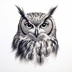 an owl with big eyes is shown in black and white, on a white background