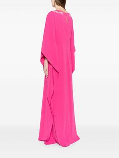 Find MARCHESA Floral-embroidered Crepe Kaftan Dress on Editorialist. fuchsia pink stretch-design crepe texture floral embroidery bead embellishment boat neck concealed rear hook and zip fastening keyhole detail to the rear long draped sleeves kaftan silhouette long length straight hem Luxury Pink Embroidered Kaftan, Elegant Embroidered Pink Kaftan, Elegant Pink Embroidered Kaftan, Designer Pink Floral Embroidered Kaftan, Embroidered Pink Floor-length Kaftan, Long Drapes, Drape Sleeves, Kaftan Dress, Long Length