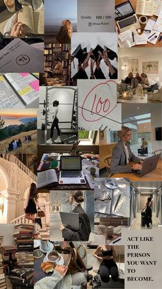 a collage of photos with people working on laptops, books and other things