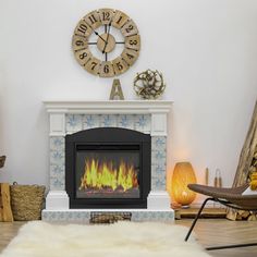 a living room with a fire place in the center and a clock on the wall